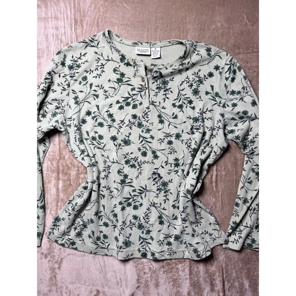 Classic Elements Petite Womens PL Henley Top Sage Green Floral 90s Cottagecore